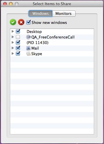 64 Select Items to Share Dialog Sample By default, any new windows (i.e., opened while the meeting is in progress) will be shared with your participants.