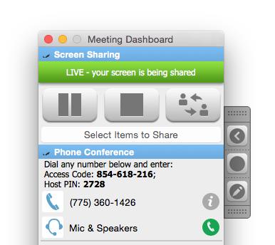 65 Screen Sharing Pane, Meeting is Started When screen sharing meeting is in progress, additional buttons are shown in the Screen Sharing pane that allow the host/presenter to manage the screen