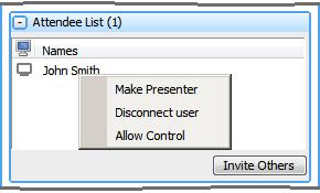 Section 5.6: Manage Meeting Attendees If a screen-sharing meeting is in progress, the Attendee List pane contains information regarding the attendees.