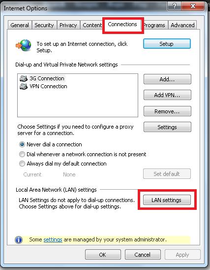 2. In the Connections tab, click LAN settings. 3.