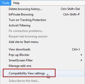 Compatibility View for IE versions 11 and higher - On the menu bar