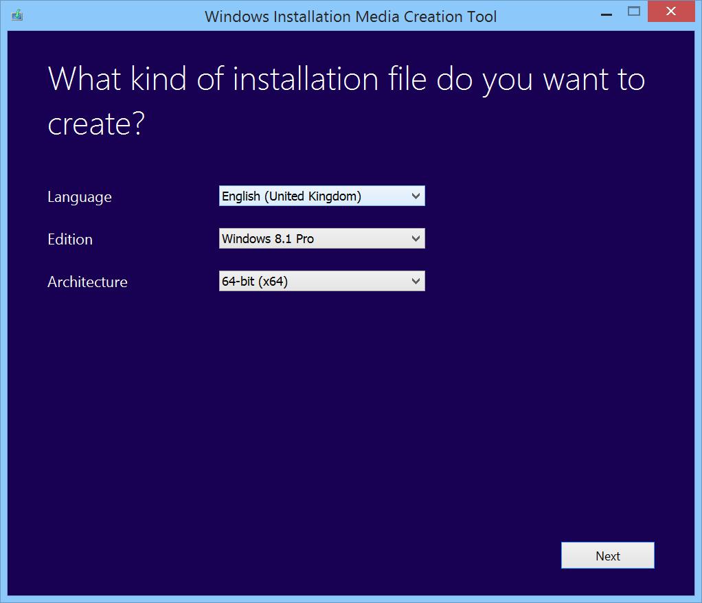 3.1.2.1.2 Windows 8.1 USB install media creation Download the Windows 8.1 MCT to any workstation running Windows 7 or higher. Run the tool as admin and follow the prompts. 1.