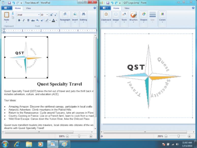WordPad and Paint windows side by side FIGURE -8: Logo copied from one program to another Logo pasted in WordPad document Logo selected in Paint document Switching between files When you open many
