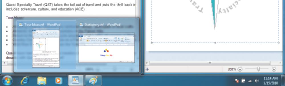 For example, if you have five windows open, and two of them are WordPad files, the two WordPad files are grouped together on the taskbar within the one button named WordPad.