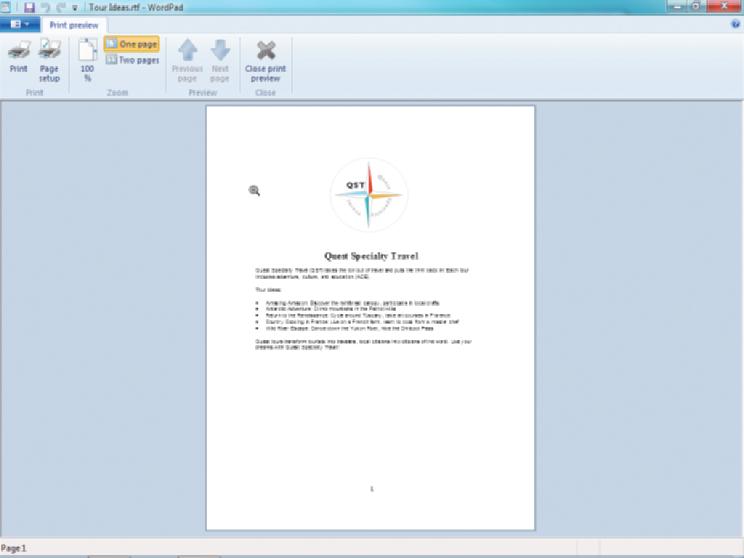 Click to open Page setup dialog box Click to open Print dialog box FIGURE -13: WordPad document in Print Preview Click to close Print Preview Click to magnify the view Printer Information In a
