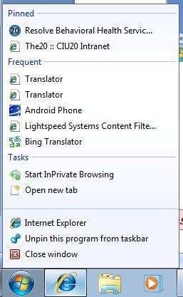A jump list for Internet Explorer shows tasks specific to this application and frequently visited sites.