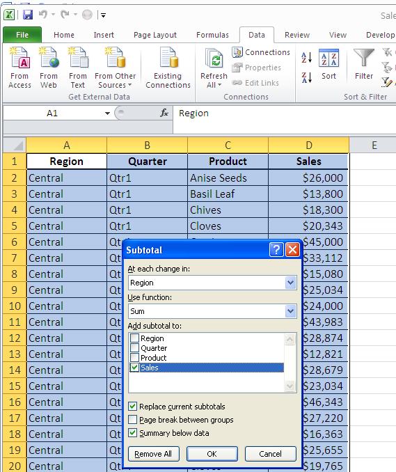 Steps: 1) Sort the data on the column on which you need to do subtotals 2) Go to data Ribbon