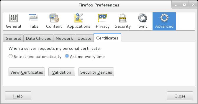 System-Level Authentication Guide Figure 13.3. Certificates Tab in Firefox 3. Click View Certificates to open the Certificate Manager. To import a CA certificate: 1.