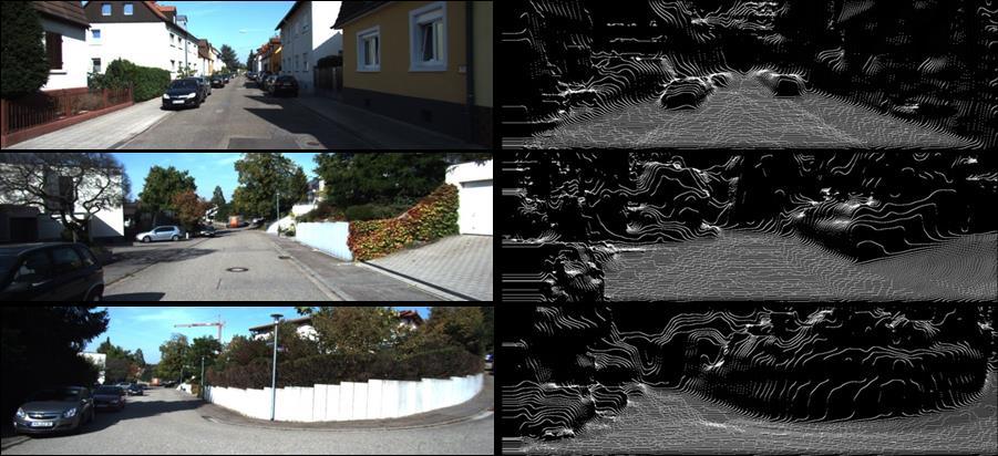 Figure 1: the left images are stereo left images and the right images are the disparity feature images. In this paper, we propose a framework of the road and free space estimation with stereo vision.