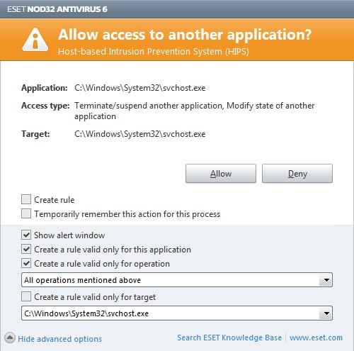 The Allow access to another application dialog window allows you to create a rule based on any new action that HIPS detects and then define the conditions under which to allow or deny that action.