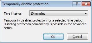 Temporarily disable protection Displays the confirmation dialog box that disables Antivirus and antispyware protection, which guards against malicious system attacks by controlling file, web and