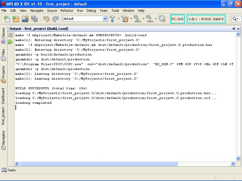 12. Compile status and compiler output messages will be displayed in MPLAB X's output window.