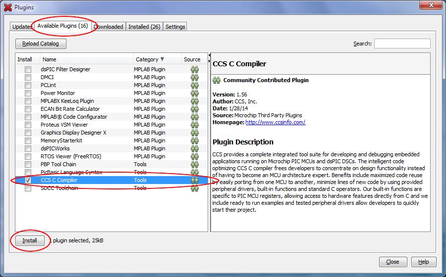 4. Goto the Available Plugins tab. Check the box next to CCS C Compiler. Once checked, press the Install button.