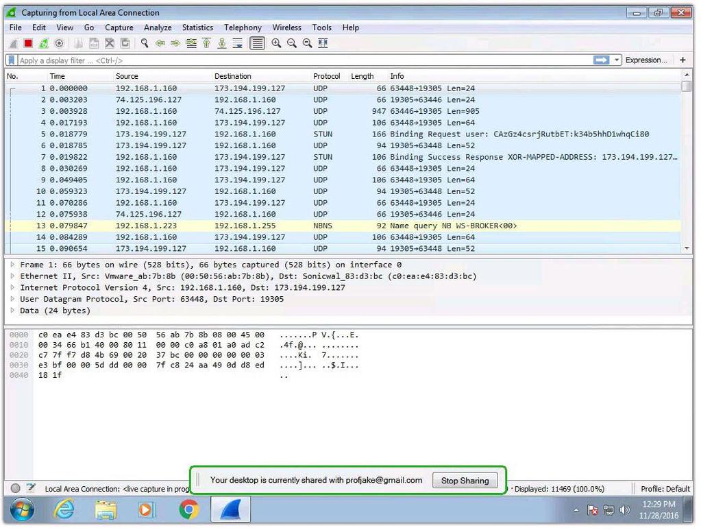 Packet List Packet Details Packet Bytes Figure 2: Wireshark Go ahead and stop the initial packet capture session after receiving a few packets by clicking the red STOP button.