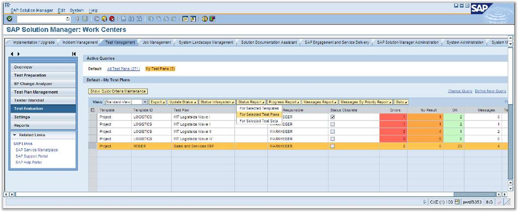 Test Workbench - Test Reporting Test Evaluation Overview and access to several Reporting features Provides an overview on Test Status and related Messages Standard Queries All Test Plans / My Test