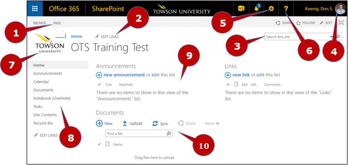 Navigation The SharePoint screen below is a standard template that is loaded for each site. Note: Each site can be customized according to needs.