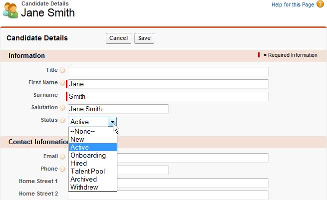Onboarding Creating the Team Member To edit status on the Candidate record: 1. On the Candidates Home page select the Candidate Name. Fairsail displays the Candidate Details page. 2.