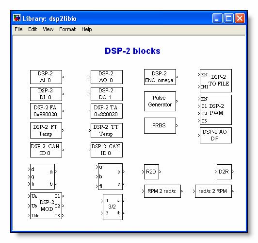 programming of the DSP-2 controller using the Simulink [5]. The DSP-2 blocks subsystem contains three types of DSP-2 blocks i.e. DSP-2 source blocks, DSP-2 sink blocks and the transformation blocks (Figure 2).