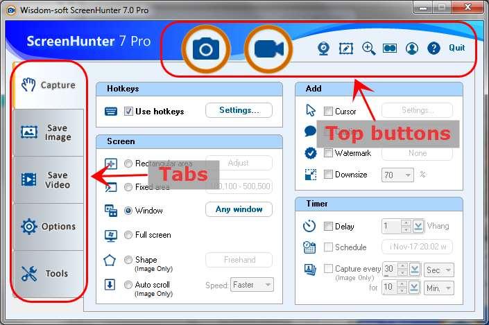 2. Main Window and Desktop Toolbar The Main Window includes top buttons and tabs. Top Buttons These buttons are accessible from all tabs.