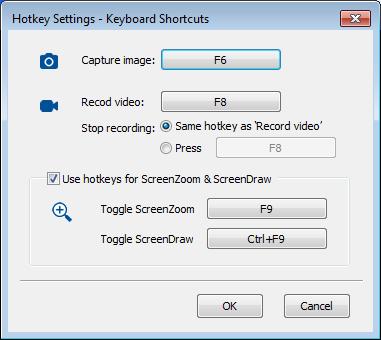 Click the Settings button on the right to assign and change keyboard hotkeys to capture and