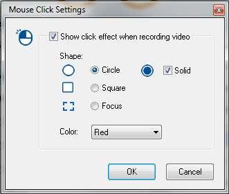 Check Show click effect when recording video when you need to show where mouse clicks occur in a recorded video. You can choose one of the following shapes.