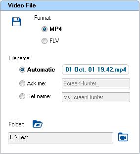 Format MP4 Save to an MPEG-4 video file. FLV - Save to a Flash video file Filename has 3 choices: Automatic, Ask me or Fixed name.