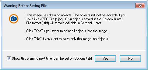 Show a message when saving objects to an image file Check to show the warning dialog when saving to an image file format (other than.shf) if it contains any drawing objects.