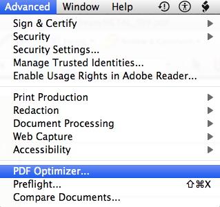 Figure 2: Advanced > PDF Optimizer Selection in Acrobat Pro 8 2. When the PDF Optimizer dialog box appears, click on the Audit space usage button. Figure 3: Audit space usage button 3.
