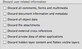 Figure 9: Discard User Related Information 14. The Clean Up panel options of the PDF Optimizer removes useless items from the document.