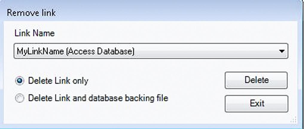 To remove a link to a database or to delete the database backing file: 1. Select Database Manage Database Links Remove Link. The Remove Link dialog box opens. 2.