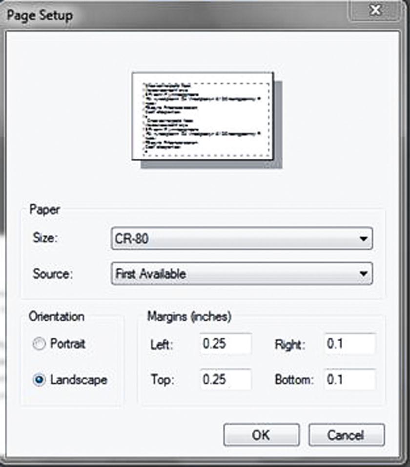 7. Click Card Printer Settings. This opens the Page Setup dialog. Select the card size from the Paper Size list. Select Landscape for orientation and select margins. Click OK button. 8.