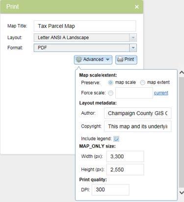 Click the X to clear the box and perform another search. Creates a map layout for printing To use the Print Tool: 1. Click on the Print Icon. 2.