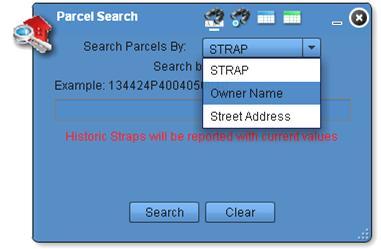 Parcel Search Text Search Search by STRAP Enter the 17 digit STRAP Or, first 8 digits to search an entire subdivision, or, first 6 digits to search and zoom to a section-township-range.