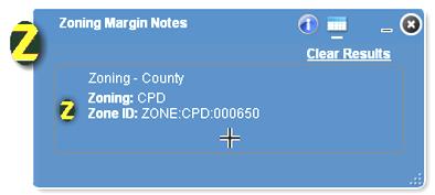 Zoning Margin Notes Ensure the Zoning layer is turned on (under the Zoning / Development Orders grouping) in the Map Contents. Click the Z icon, then a location on the map.