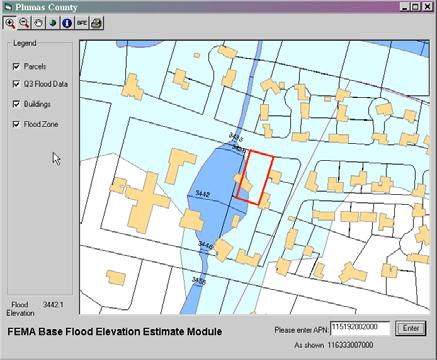 Calculated Base Flood Elevation Selected Parcel with Flood Plain Once a parcel number is entered and executed, the Map Window pans and zooms to the selected parcel and provides a red highlight to