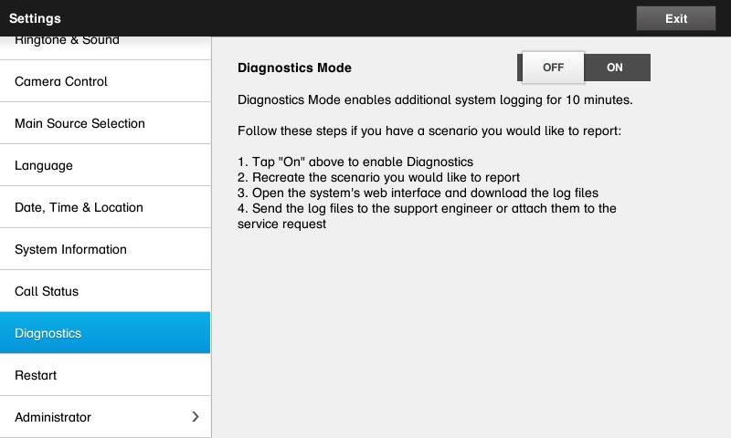 60 Managing the Settings Diagnostic Mode About Diagnostics For troubleshooting purposes you may enable additional system logging. Follow the on-screen instructions.