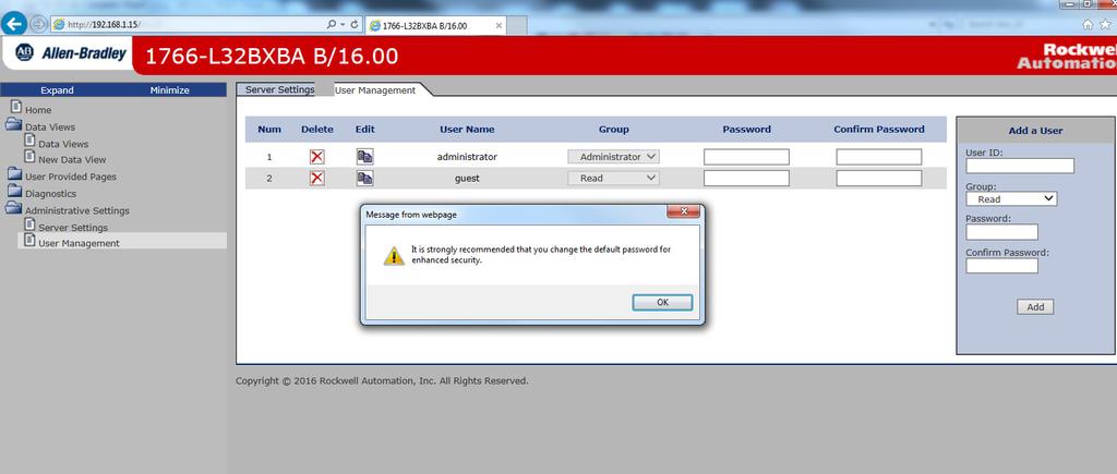 6 MicroLogix 1400 Embedded Web Server Security Warning To enhance web server security, upon logging in to the MicroLogix 1400 Web Server page with the default administrator account and default