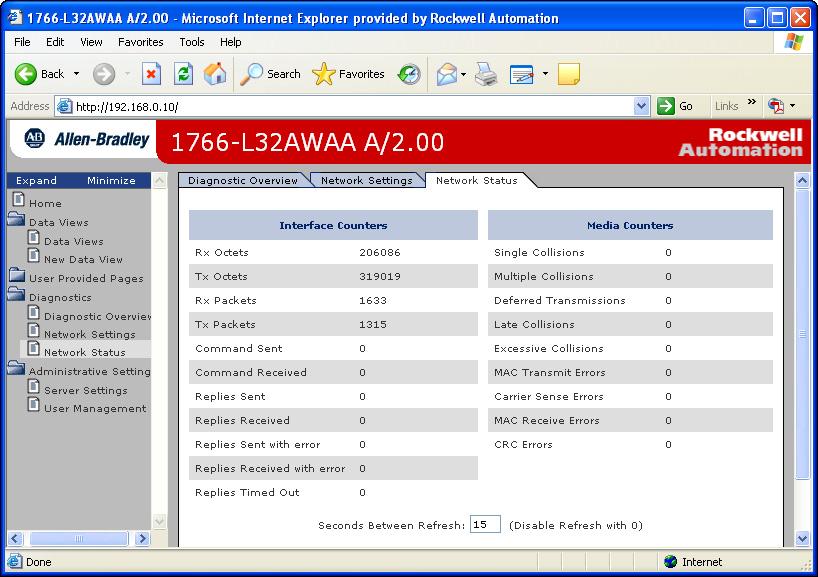 Chapter 3 Monitor Diagnostics Network Status The Diagnostics Network Status page presents a summary of the status of communication activity on the Ethernet network.