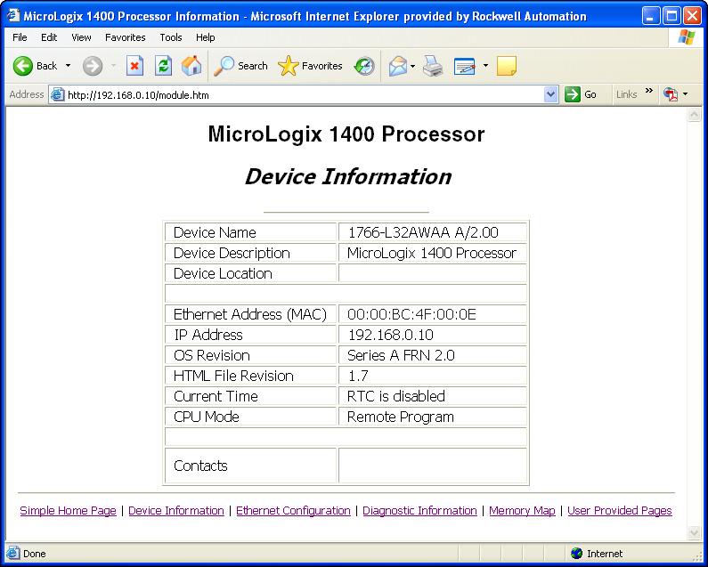 Chapter 6 Simple Web Pages Device Information The device information page displays a table with information about the Micrologix 1400 controller.