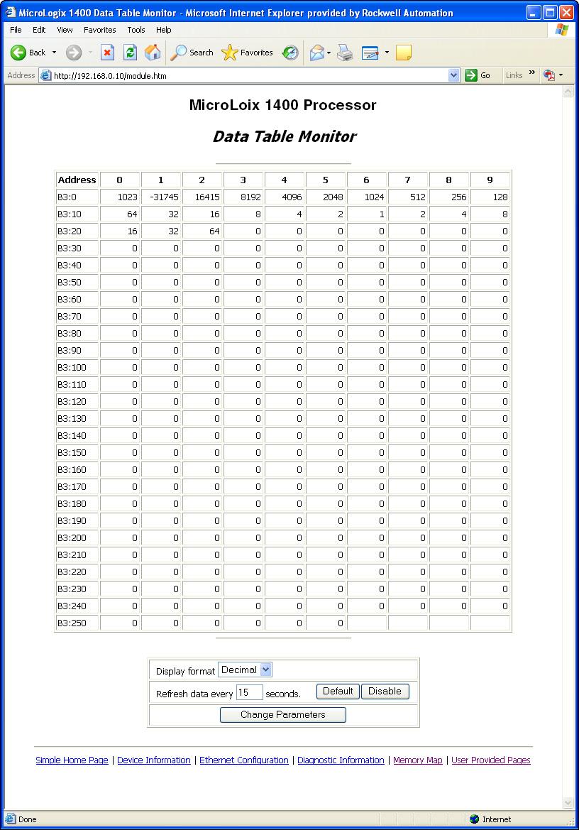Chapter 6 Simple Web Pages page appears, displaying the contents of the data table file you selected. The available and default display formats depend on the data type of the file.
