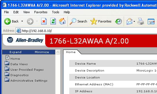 MicroLogix 1400 Embedded Web Server 5 3. Access the Home page of the web server. In your web browser s Address box, enter the IP address of the MicroLogix 1400 controller. The Home page is displayed.