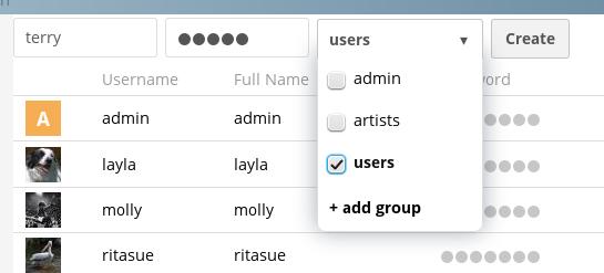 5.1.1 Creating a New User To create a user account: Enter the new user s Login Name and their initial Password Optionally, assign Groups memberships Click the Create button Login names may contain
