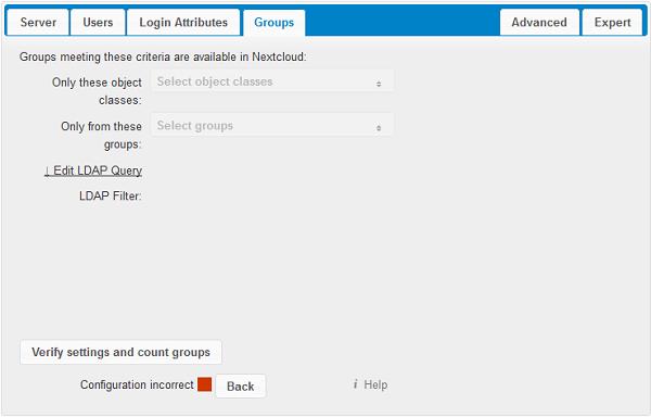 Group Filter By default, no LDAP groups will be available in Nextcloud. The settings in the group filter tab determine which groups will be available in Nextcloud.