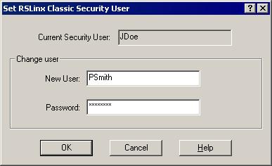 Chapter 9 RSLinx and FactoryTalk Security Open RSLinx Classic from Start > All Programs > Rockwell Software > RSLinx > RSLinx Classic Select Set Security User from the Security menu.