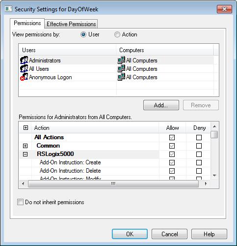 Chapter 10 Logix Designer application and FactoryTalk Security 6. In the Security Settings dialog box, configure security permissions for a particular user or user group and computer names.