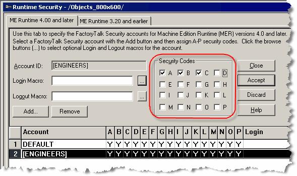 Security editor. In the Runtime Security editor, select the Engineers group and clear all of the boxes in the Security Codes area, except for A, B, and C, as shown below.