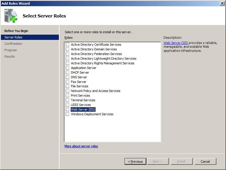 Use the Add Roles Wizard to add the Web Server (IIS) role. 4.