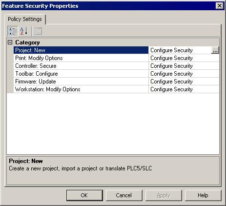 In the Feature Security Properties dialog box, click the row containing the feature you want to secure.