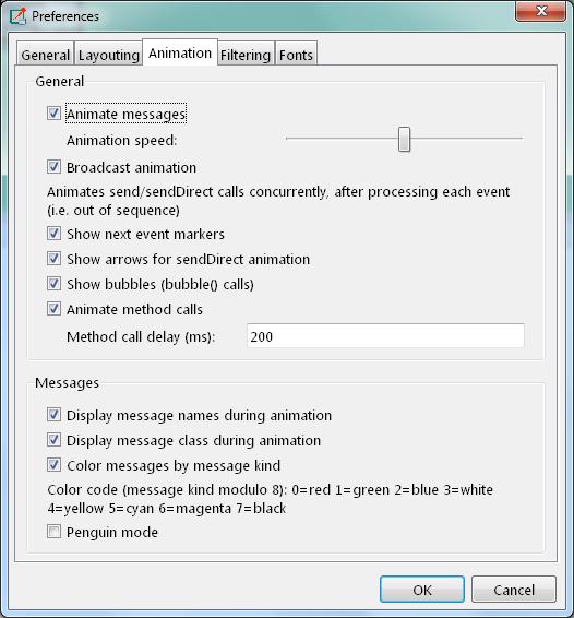 The Tkenv Graphical Runtime Environment 8.7.3. Configuring Animation Figure 8.27. Animation settings Tkenv provides automatic animation when you run the simulation.