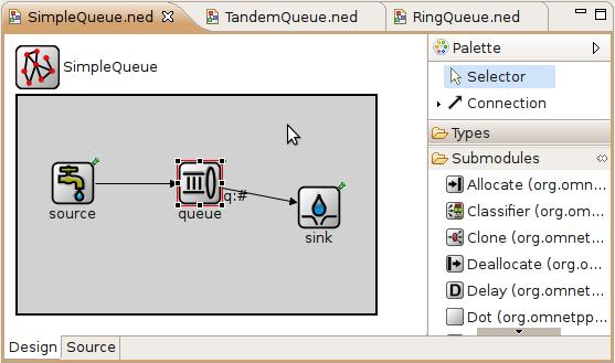 Editing NED Files Figure 2.3. Graphical NED Editor The palette is normally to the right of the editor area.